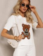 elsa.m by may Bluză Albă din Viscoză Decorată cu Paiete cu Imprimeu Ursuleț Tivenna