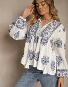 elsa.m by may Bluză Albă Din viscoză Stil Boho Cu volănaș Brodată Cu șnur Aerraza