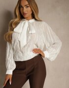 elsa.m by may Bluză Albă Texturată cu croială tip cămașă cu legătură decorativă Sepalea