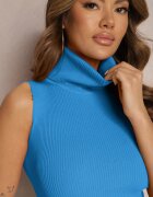 elsa.m by may Bluză Albastră din Material Elastic fără Mâneci cu Guler Înalt Merdia