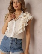 elsa.m by may Bluză Bej deschis cu volane din țesătură plisată și mâneci scurte Janta