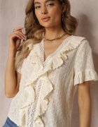 elsa.m by may Bluză Bej din Dantelă Decorată cu Volane și Broderie din Bumbac Jadina