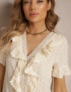 elsa.m by may Bluză Bej din Dantelă Decorată cu Volane și Broderie din Bumbac Jadina