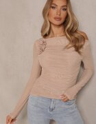 elsa.m by may Bluză Bej Drapată din Plasă Decorată cu Aplicație în formă de Trandafir Olirisa