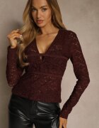 elsa.m by may Bluză Bordo cu mânecă lungă din Dantelă cu Decolteu în V Lerafera