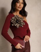 elsa.m by may Bluză bordo cu viscoză cu croială asimetrică cu floare 3D Noradi