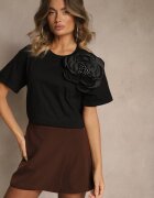 elsa.m by may Bluză Casual Neagră din bumbac decorată cu floare 3D și zirconii Renvia