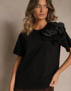 elsa.m by may Bluză Casual Neagră din bumbac decorată cu floare 3D și zirconii Renvia