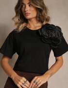 elsa.m by may Bluză Casual Neagră din bumbac decorată cu floare 3D și zirconii Renvia