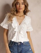 elsa.m by may Bluză de Dantelă Albă Decorată cu Volane și Broderie din Bumbac Jadina