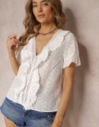 elsa.m by may Bluză de Dantelă Albă Decorată cu Volane și Broderie din Bumbac Jadina
