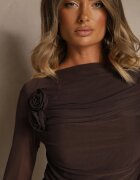 elsa.m by may Bluză încrețită maro din plasă decorată cu aplicație în formă de trandafir Olirisa
