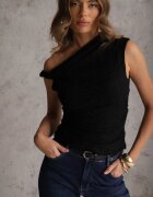 elsa.m by may Bluză Neagră Asimetrică din Dantelă pe Un Umăr Olitheilise