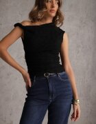 elsa.m by may Bluză Neagră Asimetrică din Dantelă pe Un Umăr Olitheilise