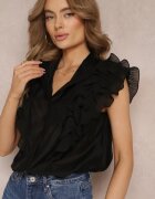 elsa.m by may Bluză Neagră cu Volane din Țesătură Plisată și Mâneci Scurte Janta