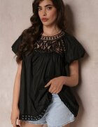 elsa.m by may Bluză Neagră Din Dantelă cu Mânecă Bufantă și Tiv Evazat Mariete