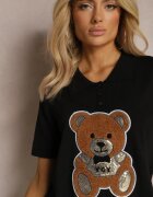 elsa.m by may Bluză Neagră din Viscoză Decorată cu Paiete cu Imprimeu Ursuleț Tivenna