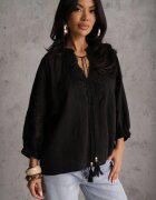 elsa.m by may Bluză Neagră Legată în stil Boho din Tencel cu Mărgele și Dantelă Helotis