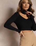 elsa.m by may Bluză Neagră Rebrată Scurtă Choker cu floare Laindera