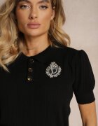 elsa.m by may Bluză Polo Neagră Reiată din Viscoză cu Aplicație și Zirconii Attoa