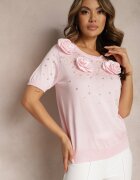 elsa.m by may Bluză Roză din Viscoză Decorată cu Flori Perle și Zirconii Ullsinia