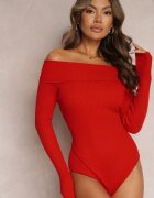 elsa.m by may Body roșu de viscoză reiat cu umerii goi cu mânecă lungă Hirshan