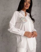 elsa.m by may Cămașă Albă cu Guler și Buzunare Decorate cu Zirconii Leridna