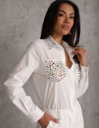 elsa.m by may Cămașă Albă cu Guler și Buzunare Decorate cu Zirconii Leridna