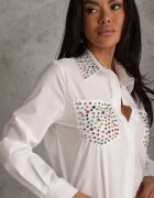 elsa.m by may Cămașă Albă cu Guler și Buzunare Decorate cu Zirconii Leridna