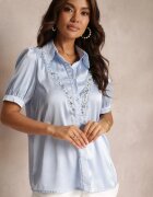 elsa.m by may Cămașă Albastră cu Mânecă Scurtă cu Dantelă și Cristale Keysha