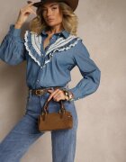 elsa.m by may Cămașă Albastră Rustică din Bumbac Decorată cu Dantelă și cu Volănașe Lisarilis