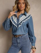 elsa.m by may Cămașă Albastră Rustică din Bumbac Decorată cu Dantelă și cu Volănașe Lisarilis