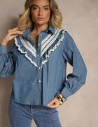 elsa.m by may Cămașă Albastră Rustică din Bumbac Decorată cu Dantelă și cu Volănașe Lisarilis