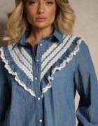 elsa.m by may Cămașă Albastră Rustică din Bumbac Decorată cu Dantelă și cu Volănașe Lisarilis