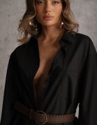 elsa.m by may Cămașă Neagră Bumbac-Vâscoză cu Croială Lungă Oversize cu Centură Tethys