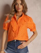 elsa.m by may Cămașă Portocalie din Țesătură din Dantelă cu Broderie și Guler tip tunică Mardellia