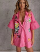 elsa.m by may Cămașă Roz Lungă cu Mâneci 3/4 cu Nasturi cu Aplicații Decorative Vieva