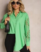 elsa.m by may Cămașă Verde cu o Croială Lejeră cu Inserții Ajurate la Mâneci Nasira