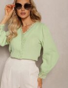 elsa.m by may Cămașă Verde de Bumbac cu decolteu triunghiular încheiată cu nasturi decorată cu dantelă Salmattera