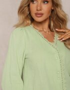 elsa.m by may Cămașă Verde de Bumbac cu decolteu triunghiular încheiată cu nasturi decorată cu dantelă Salmattera