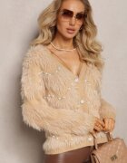elsa.m by may Cardigan Bej cu puf mai lung cu perle și zirconii Aretina