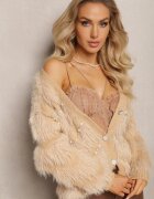 elsa.m by may Cardigan Bej cu puf mai lung cu perle și zirconii Aretina