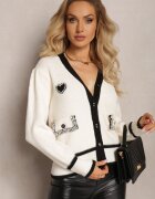 elsa.m by may Cardigan Bej Deschis Din Viscoză cu Bordură Contrastantă și Aplicații Narjee