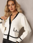 elsa.m by may Cardigan Bej Deschis Din Viscoză cu Bordură Contrastantă și Aplicații Narjee