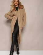 elsa.m by may Cardigan Bej din viscoză cu împletitură cu guler de blană Nirossa