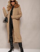 elsa.m by may Cardigan Bej din viscoză cu împletitură cu guler de blană Nirossa