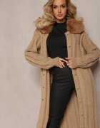 elsa.m by may Cardigan Bej din viscoză cu împletitură cu guler de blană Nirossa