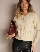 elsa.m by may Cardigan Bej din viscoză cu nasturi perle sclipici relief și mărgele Harirani