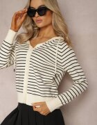 elsa.m by may Cardigan Bej din Viscoză în Dungă cu Glugă și Nasturi Oevira