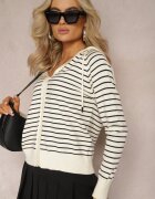 elsa.m by may Cardigan Bej din Viscoză în Dungă cu Glugă și Nasturi Oevira